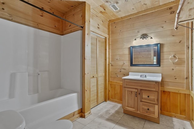 full bathroom with wood ceiling, bathtub / shower combination, toilet, vanity, and wood walls