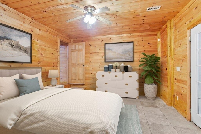 bedroom featuring light tile patterned flooring, wooden ceiling, and wooden walls