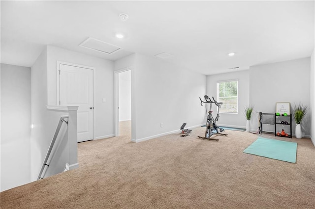 3135 Ellenton Dr, Lithia Springs, GA 30122 - exercise area with carpet floors, recessed lighting, baseboards, and attic access