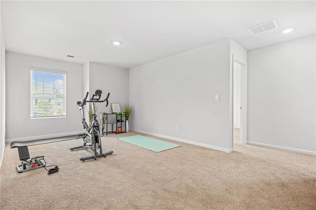 3135 Ellenton Dr, Lithia Springs, GA 30122 - exercise area with carpet floors, recessed lighting, baseboards, and visible vents