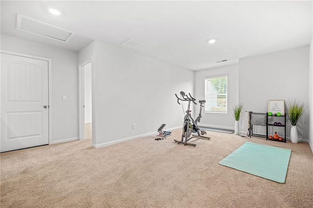 3135 Ellenton Dr, Lithia Springs, GA 30122 - workout area with carpet floors, attic access, baseboards, and recessed lighting