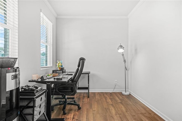 3135 Ellenton Dr, Lithia Springs, GA 30122 - office area featuring plenty of natural light, baseboards, crown molding, and wood finished floors