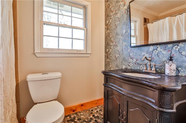 bathroom featuring crown molding, vanity, toilet, and decorative backsplash