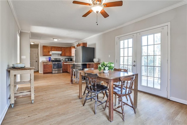 dining room with french doors, ceiling fan, ornamental molding, and light hardwood / wood-style flooring