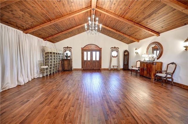 living room featuring lofted ceiling with beams, wood ceiling, a chandelier, and dark hardwood / wood-style floors