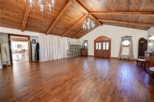 unfurnished living room with dark wood-type flooring, beam ceiling, wood ceiling, and a chandelier