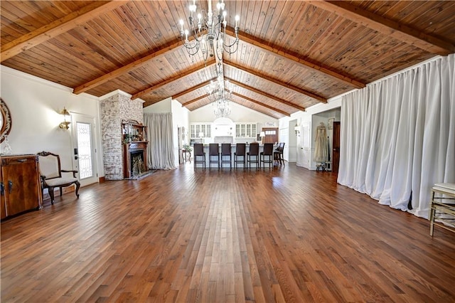 living room featuring high vaulted ceiling, a notable chandelier, dark hardwood / wood-style flooring, and wooden ceiling