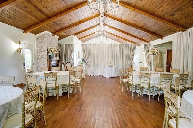 dining room featuring wooden ceiling, dark hardwood / wood-style floors, lofted ceiling with beams, and an inviting chandelier