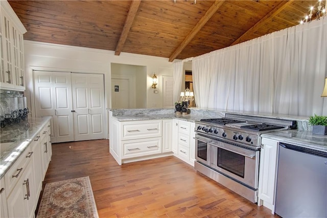 kitchen featuring wood ceiling, light hardwood / wood-style floors, kitchen peninsula, stainless steel appliances, and white cabinets