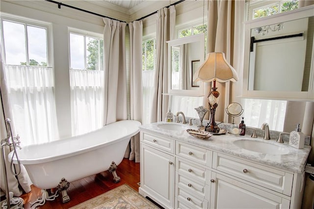 bathroom with hardwood / wood-style flooring, a washtub, and vanity