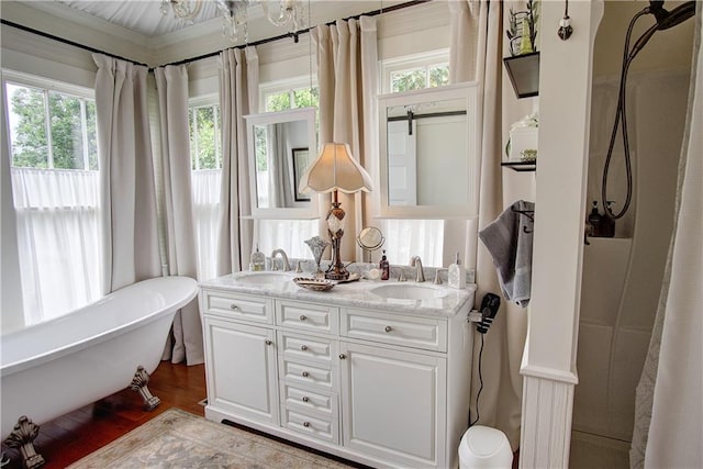 bathroom with vanity, hardwood / wood-style flooring, and a tub