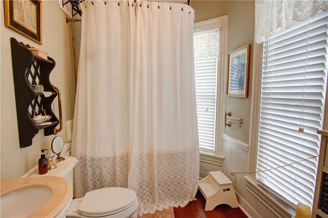 bathroom with toilet and hardwood / wood-style flooring