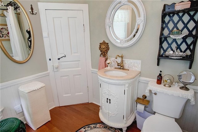 bathroom featuring toilet, vanity, and wood-type flooring