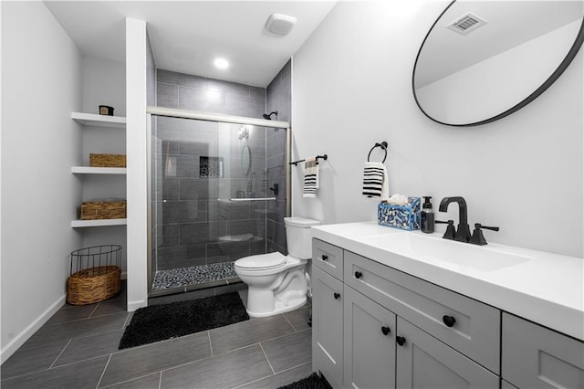 full bath with a stall shower, visible vents, vanity, and toilet