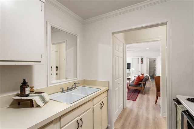 bathroom featuring ornamental molding, wood finished floors, and vanity