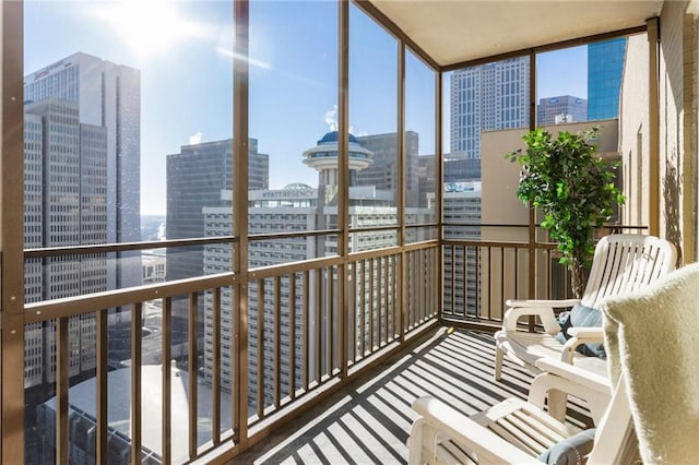 sunroom with a city view