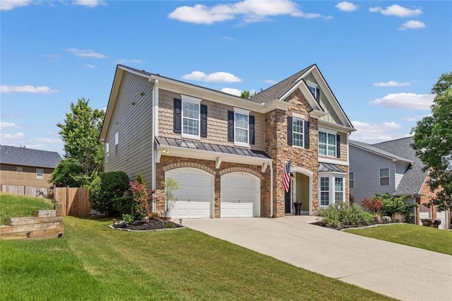 5415 Fieldfreen Dr, Cumming, GA 30028 - view of front facade with driveway, stone siding, a standing seam roof, and an attached garage