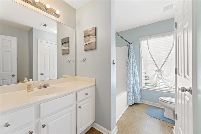 5415 Fieldfreen Dr, Cumming, GA 30028 - full bath with toilet, vanity, baseboards, shower / bathtub combination with curtain, and tile patterned flooring