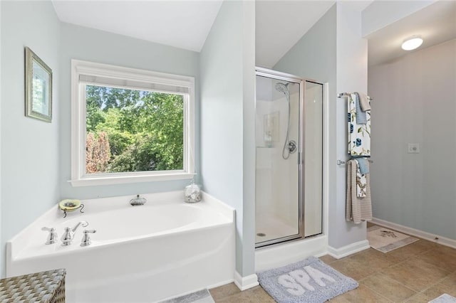 5415 Fieldfreen Dr, Cumming, GA 30028 - full bathroom with a stall shower, a bath, and lofted ceiling