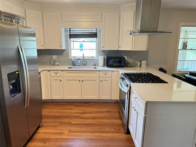 kitchen with appliances with stainless steel finishes, a peninsula, wood finished floors, wall chimney exhaust hood, and a sink