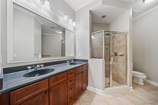 bathroom featuring walk in shower, toilet, vanity, and ornamental molding