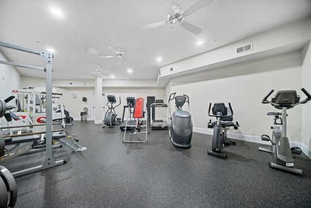 gym featuring ceiling fan