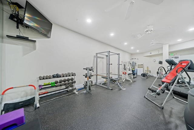 workout area with ceiling fan