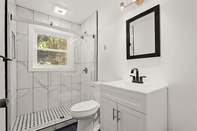 bathroom with vanity, an enclosed shower, and toilet