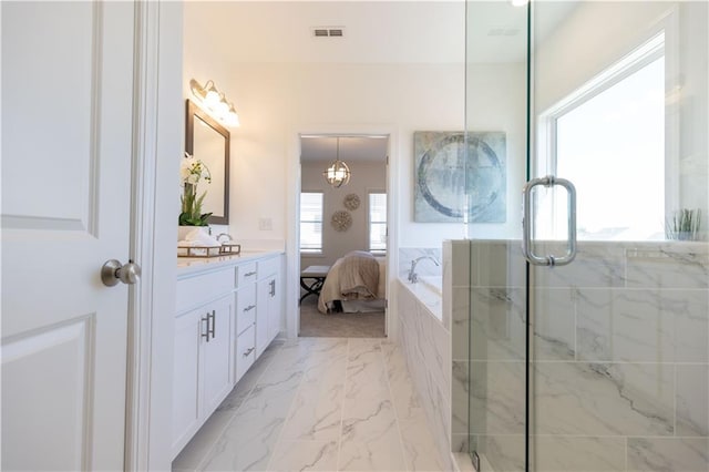 bathroom featuring visible vents, ensuite bath, marble finish floor, an enclosed shower, and vanity