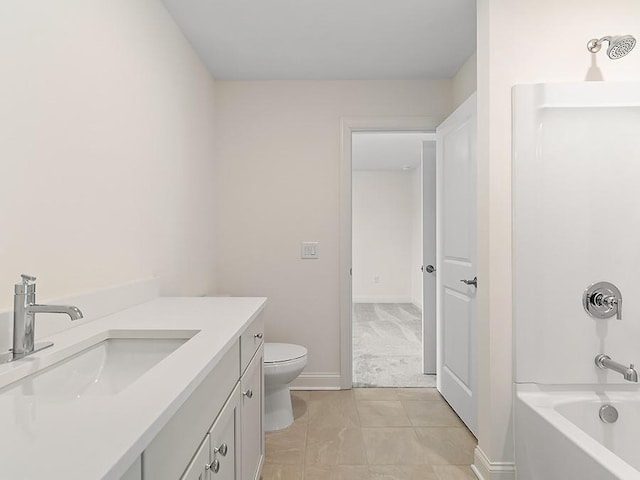 full bathroom with shower / bath combination, toilet, vanity, and tile patterned flooring