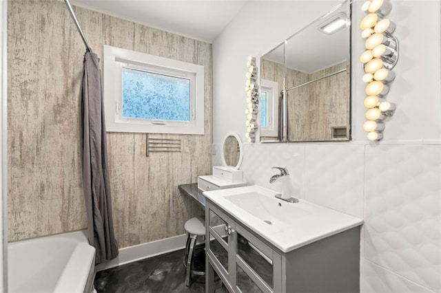1382 Varner Rd, Marietta, GA 30062 - bathroom featuring vanity, shower / tub combo, and marble look tiles