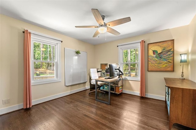 1382 Varner Rd, Marietta, GA 30062 - office area featuring dark wood finished floors, baseboards, and a ceiling fan