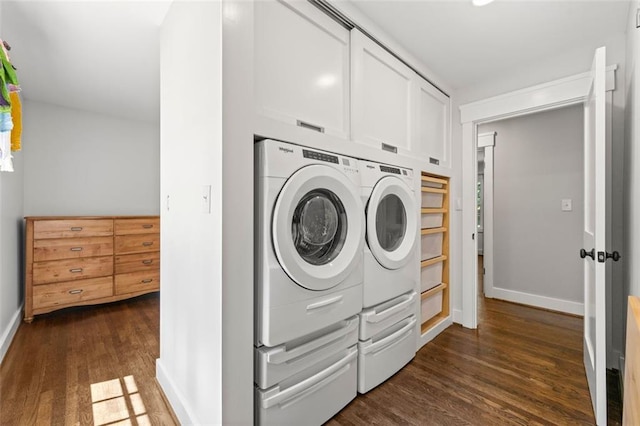 1382 Varner Rd, Marietta, GA 30062 - laundry room featuring dark wood-type flooring, washing machine and clothes dryer, and baseboards
