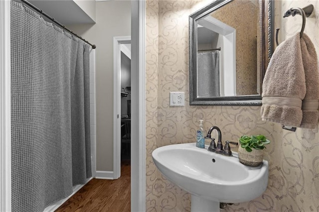 bathroom featuring sink and hardwood / wood-style floors