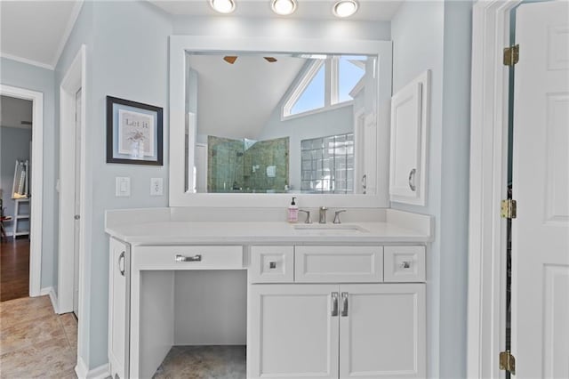 bathroom featuring vanity, tile patterned flooring, lofted ceiling, and walk in shower