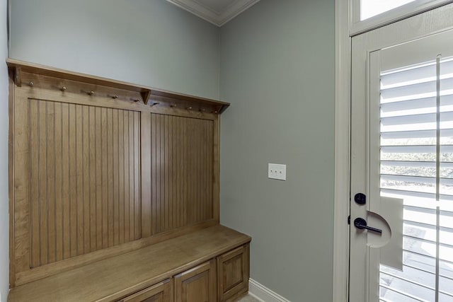 486 Gold Bullion Dr E, Dawsonville, GA 30534 - mudroom featuring crown molding and baseboards