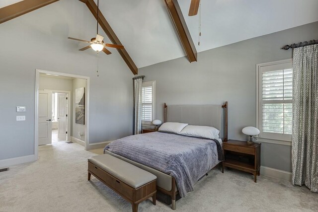 486 Gold Bullion Dr E, Dawsonville, GA 30534 - bedroom with light colored carpet, high vaulted ceiling, beamed ceiling, baseboards, and ceiling fan