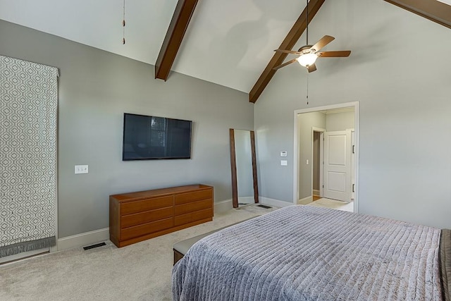 486 Gold Bullion Dr E, Dawsonville, GA 30534 - bedroom featuring high vaulted ceiling, light colored carpet, beamed ceiling, baseboards, and a ceiling fan