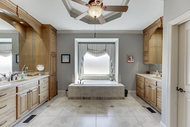 486 Gold Bullion Dr E, Dawsonville, GA 30534 - full bath featuring crown molding, a ceiling fan, two vanities, a bath, and baseboards