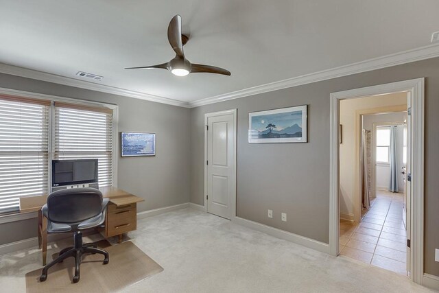 486 Gold Bullion Dr E, Dawsonville, GA 30534 - home office featuring a ceiling fan, crown molding, baseboards, and light carpet