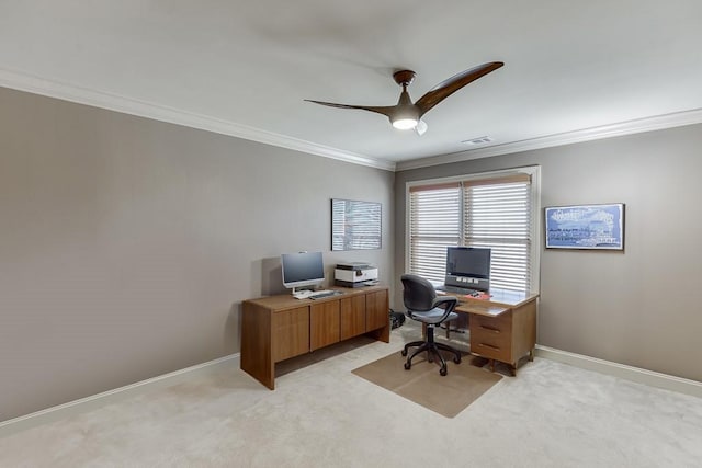 486 Gold Bullion Dr E, Dawsonville, GA 30534 - office space featuring crown molding, ceiling fan, light carpet, and baseboards
