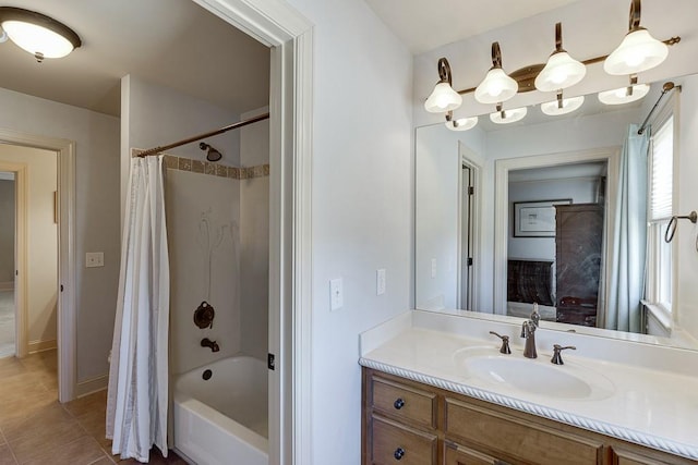 486 Gold Bullion Dr E, Dawsonville, GA 30534 - full bath featuring tile patterned floors, shower / bathtub combination with curtain, vanity, and baseboards