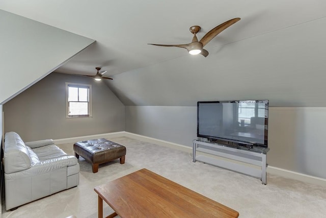 486 Gold Bullion Dr E, Dawsonville, GA 30534 - living area with a ceiling fan, vaulted ceiling, carpet, and baseboards