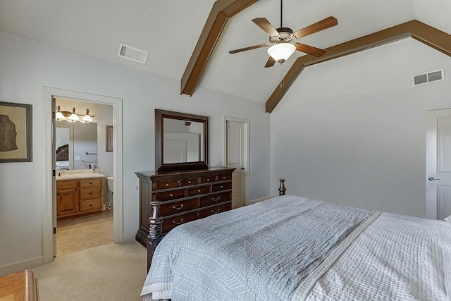 486 Gold Bullion Dr E, Dawsonville, GA 30534 - bedroom with light carpet, light tile patterned flooring, a ceiling fan, and connected bathroom