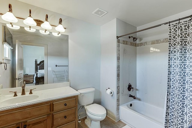 486 Gold Bullion Dr E, Dawsonville, GA 30534 - ensuite bathroom with shower / bath combination with curtain, vanity, toilet, and tile patterned floors
