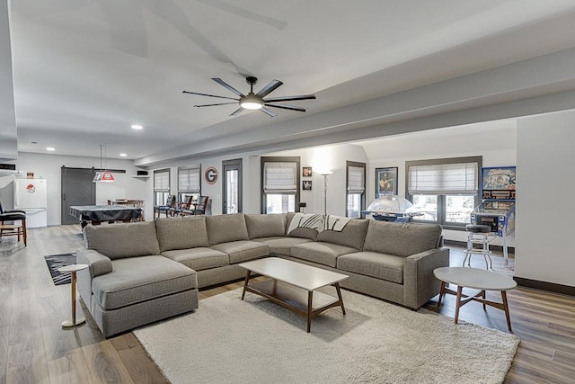 486 Gold Bullion Dr E, Dawsonville, GA 30534 - living room with recessed lighting, wood finished floors, a ceiling fan, and baseboards