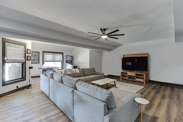 486 Gold Bullion Dr E, Dawsonville, GA 30534 - living room with a ceiling fan, wood finished floors, and baseboards