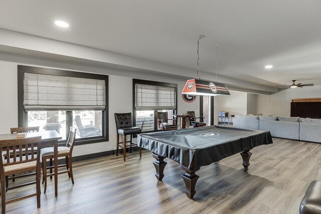 486 Gold Bullion Dr E, Dawsonville, GA 30534 - game room with wood finished floors, recessed lighting, a ceiling fan, pool table, and baseboards