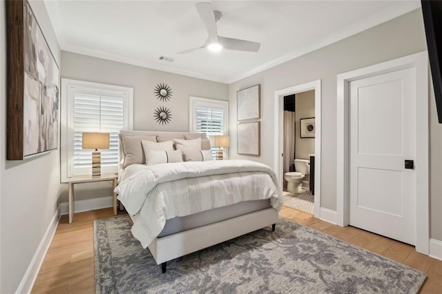 2583 Apple Valley Rd, Brookhaven, GA 30319 - bedroom featuring light wood-style floors, ornamental molding, baseboards, connected bathroom, and a ceiling fan