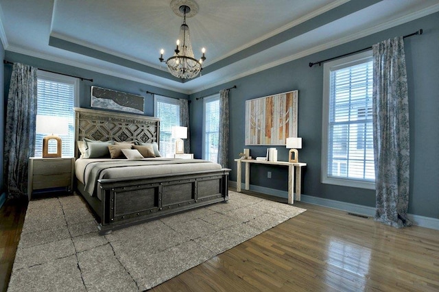 bedroom featuring a raised ceiling, multiple windows, baseboards, and wood finished floors